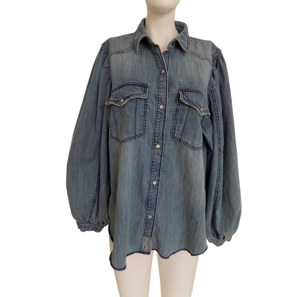 We The Free chambray denim blouse shirt puff sleeve size XL - Picture 2 of 8